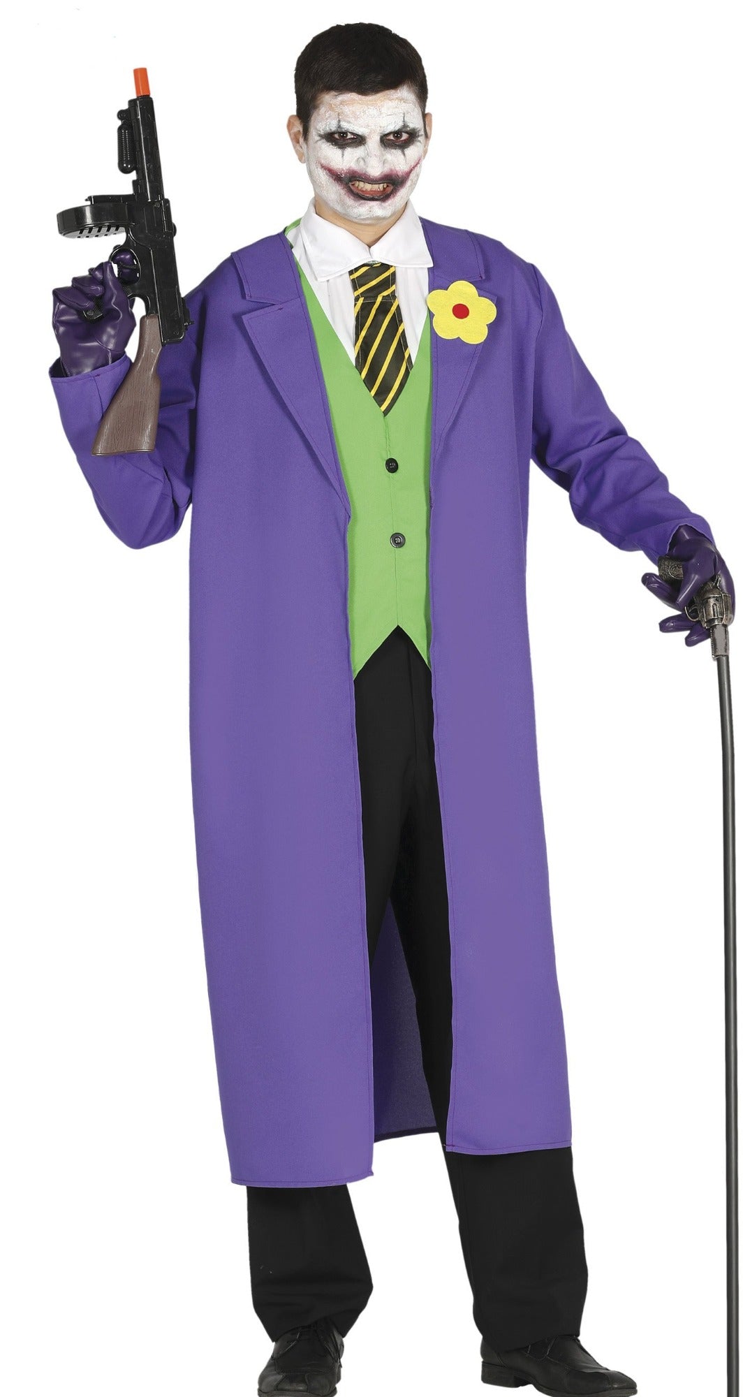Joker style Costume includes the long purple coat with flower and green waistcoat