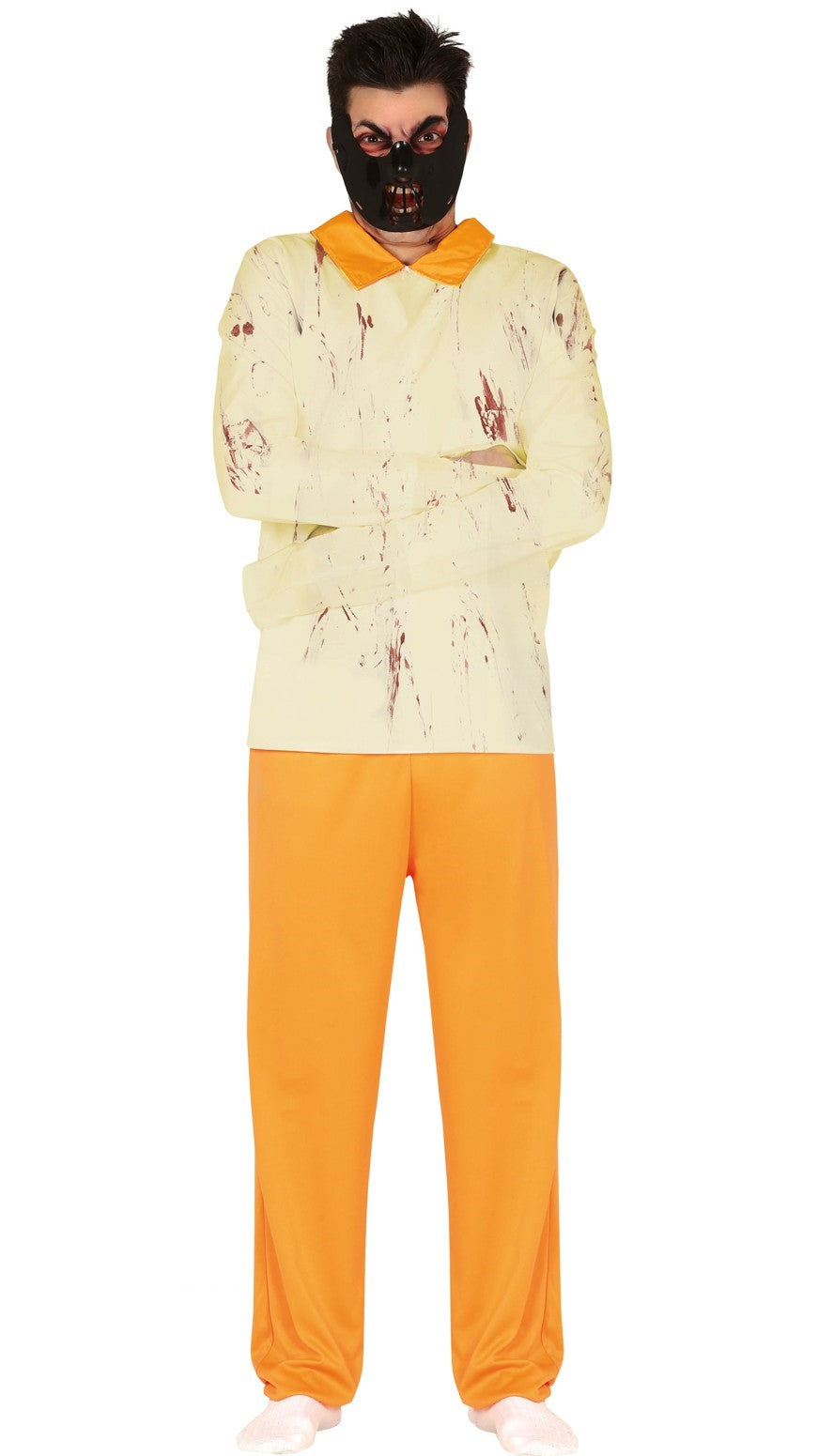 A person wearing a Hannibal Lecter costume with a white jacket and trousers, and a signature mask.