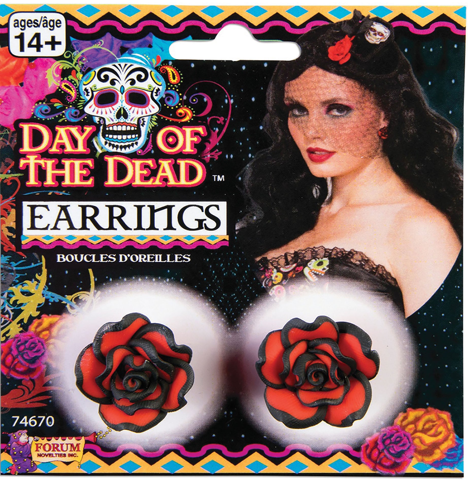 The product packaging for a pair of Day of the Dead rose earrings. The red and black rose earrings are displayed on a card with a sugar skull illustration, and a photo of a person wearing a black dress, red rose hair accessory, and a black mesh veil.