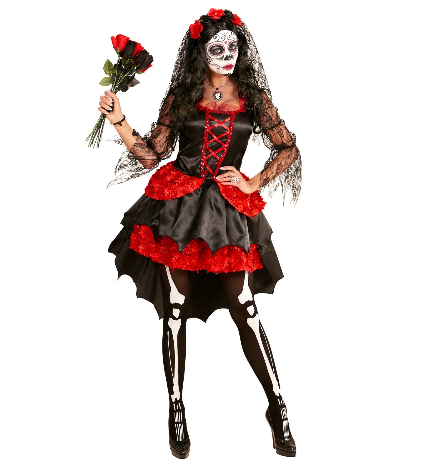 A woman in a Dia de los Muertos themed bride costume with a black and red color scheme, featuring a tulle skirt, sequins, and a hairband with roses.