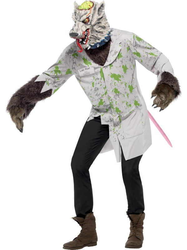 A person wearing a rat costume with a grey jacket and a latex mask designed to look like a rat with green and yellow eyes, and a furry chest.