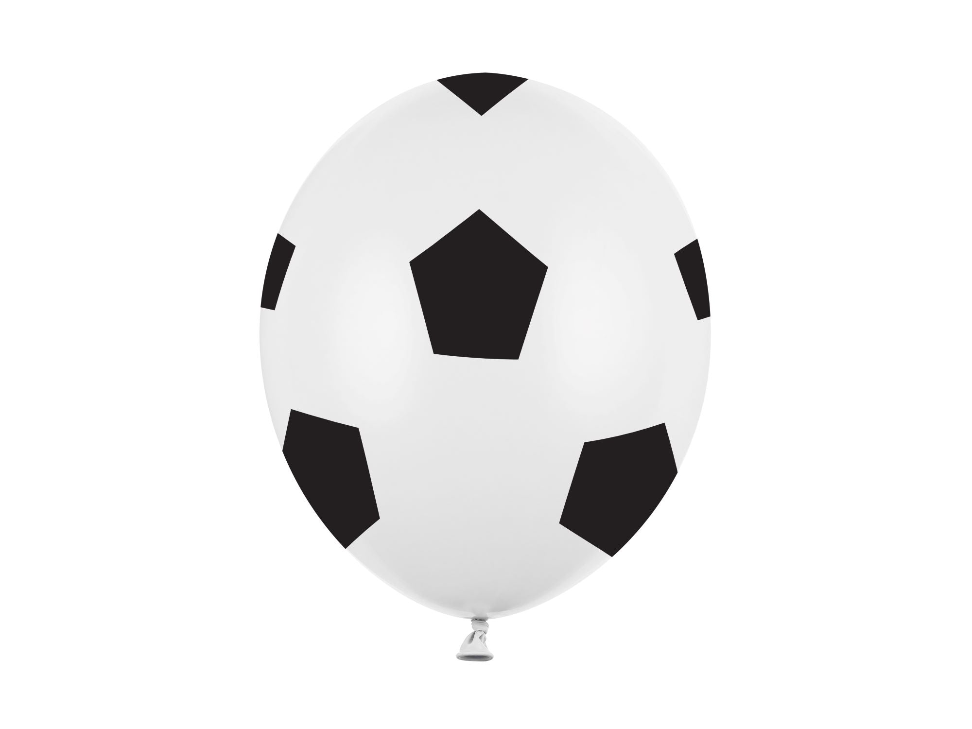 A balloon with a soccer ball pattern in white and black color, approximately 30cm in diameter.