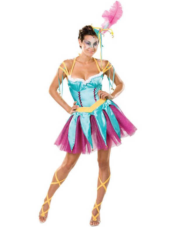 A model wearing a Harlequin Holly costume, which includes a three-tiered blue and purple tutu, a satin leotard with arm bands, and a decorative headpiece with feathers and jingle bells.