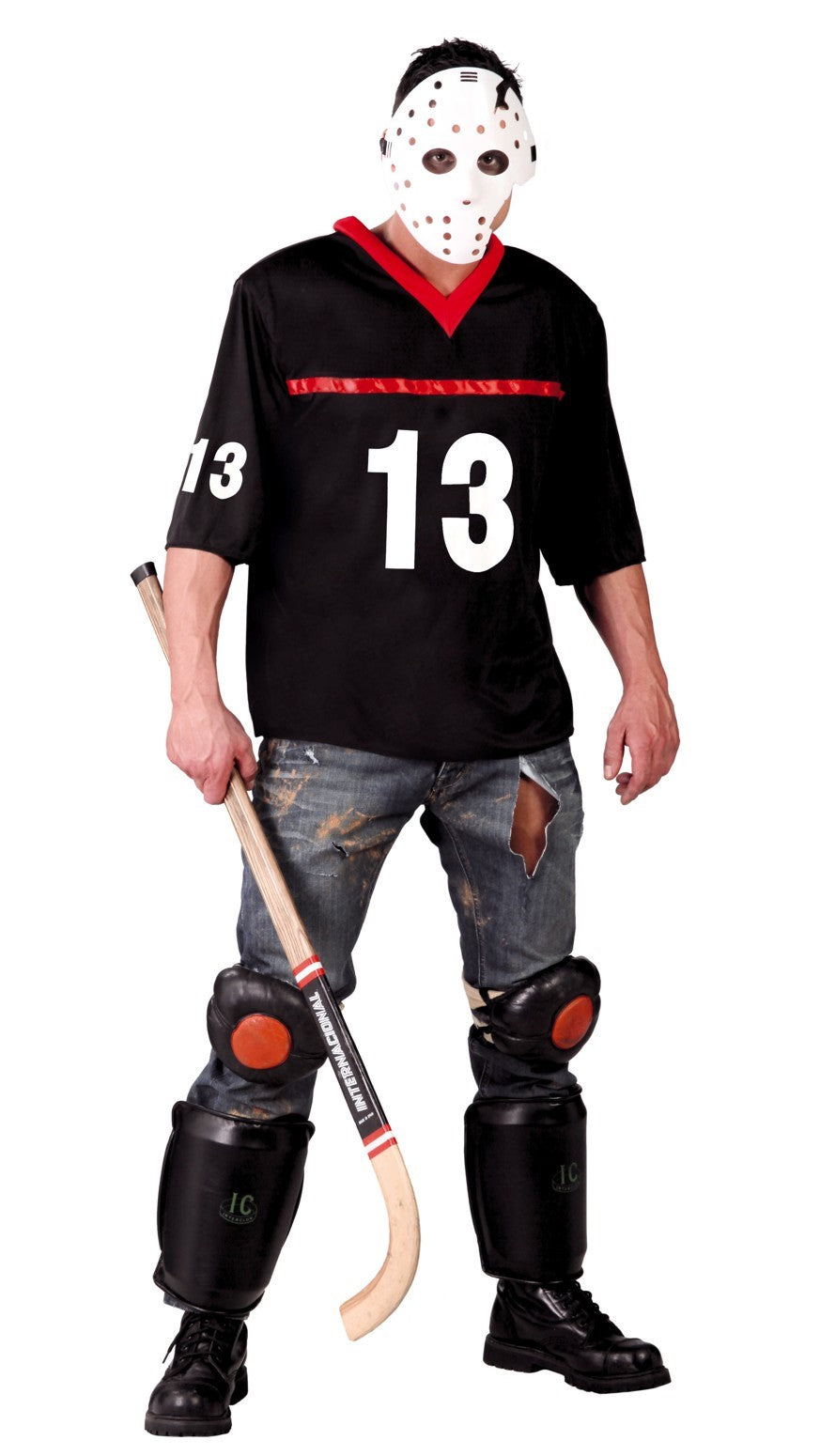 Adult in a Halloween costume resembling Friday 13th film slasher character Jason with a black '13' T-shirt, hockey mask, knee pads, and holding a stick.