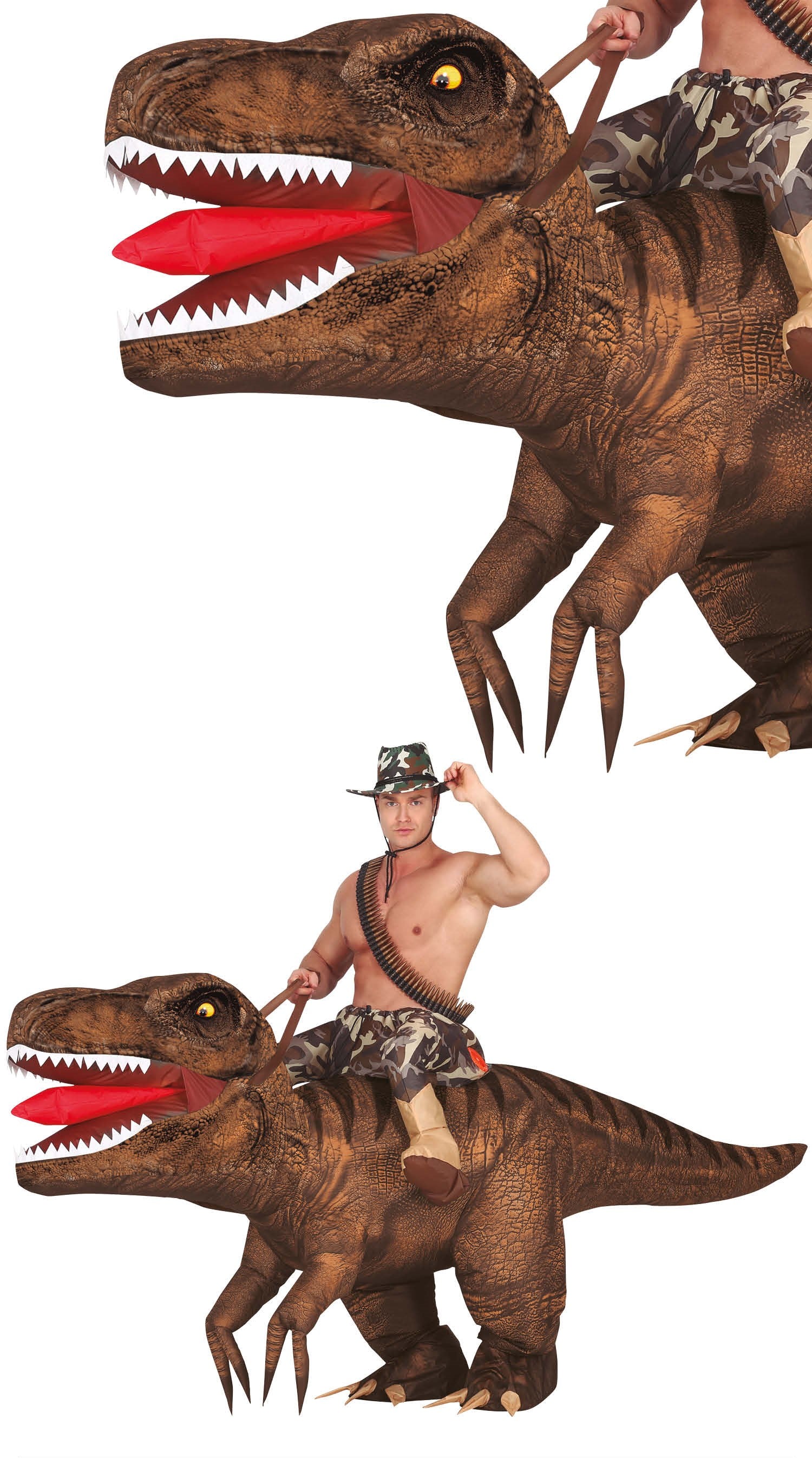 man wearing an Inflatable Mounted Dinosaur Costume