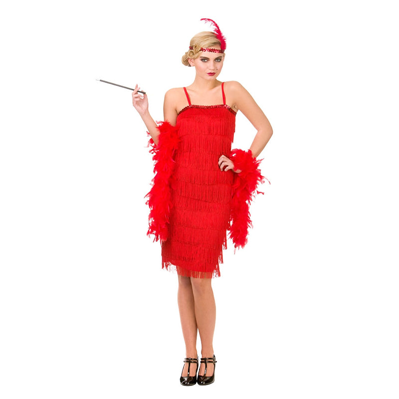 A woman modeling a jazzy red flapper costume with a sequin headband and a feather, holding a cane and wearing high heels.