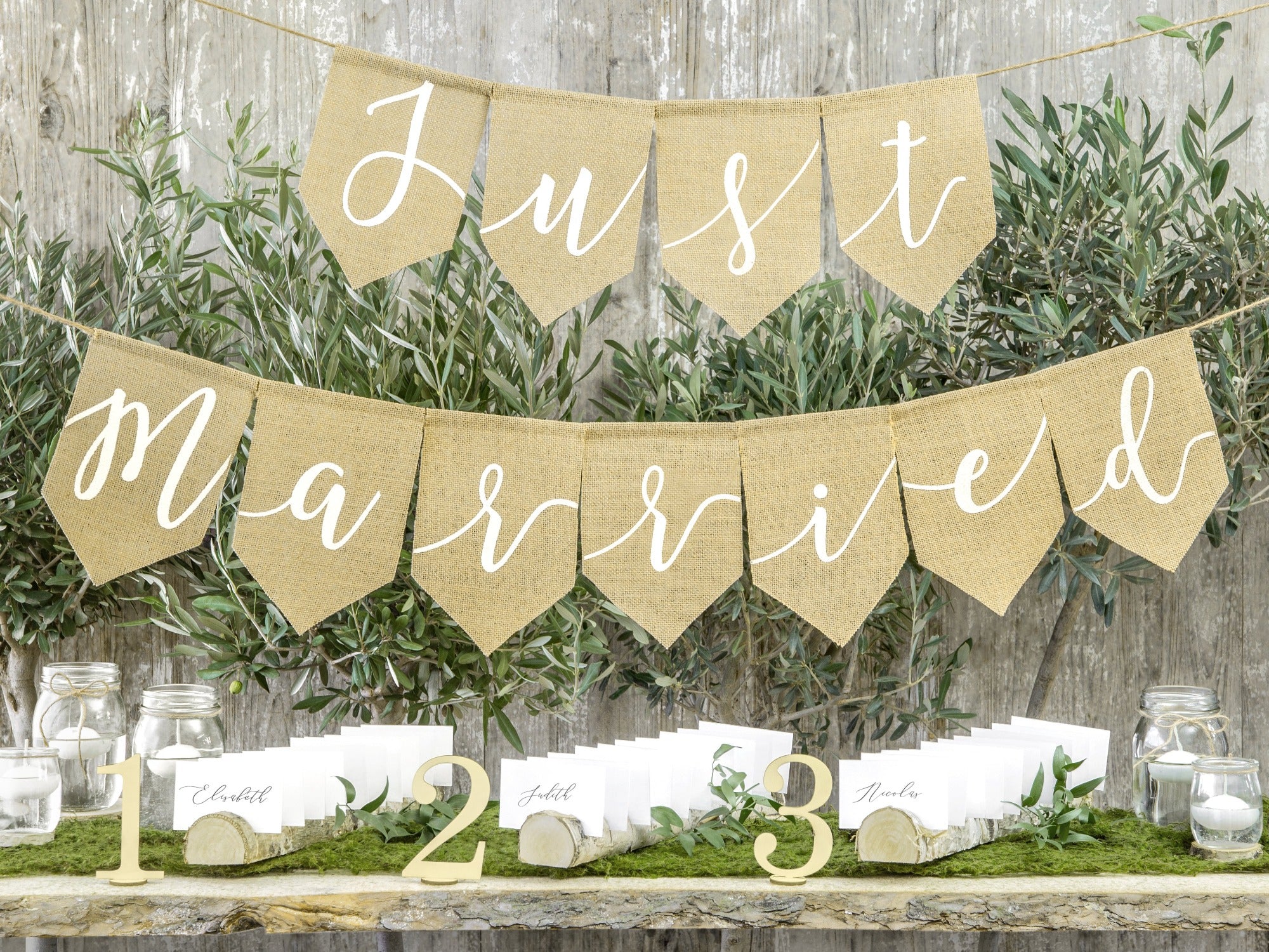 Rustic Just Married Burlap Bunting