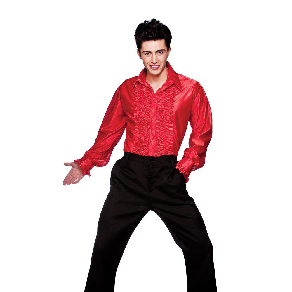 Men's 1970's Disco Ruffle Shirt Red for fancy dress party