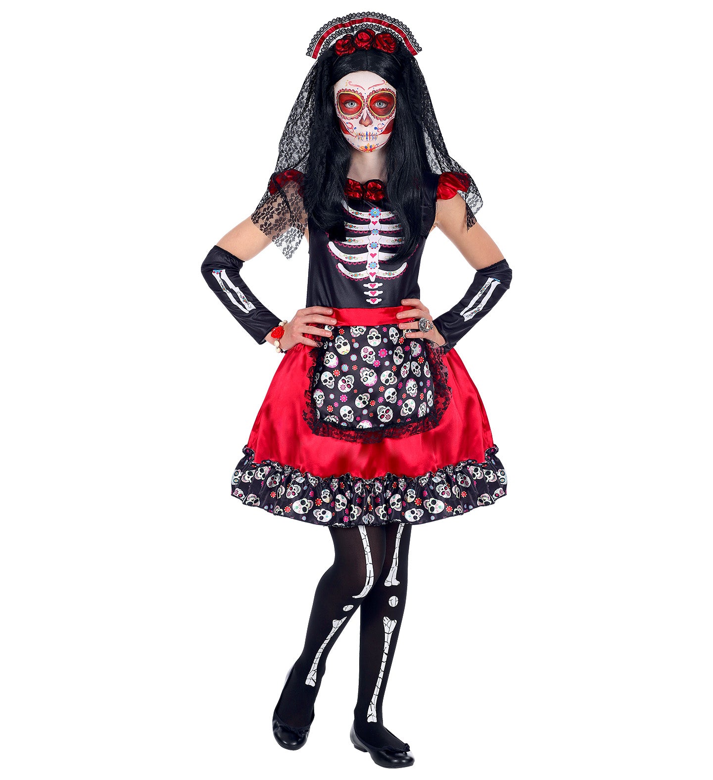 Child model wearing a Day of the Dead sugar skull costume with a black and red dress, decorative bones, and a floral headpiece.