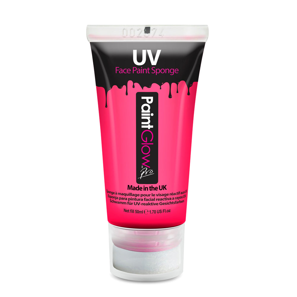 Paintglow Pro UV Face and Body Paint 50ml Pink with sponge applicator.