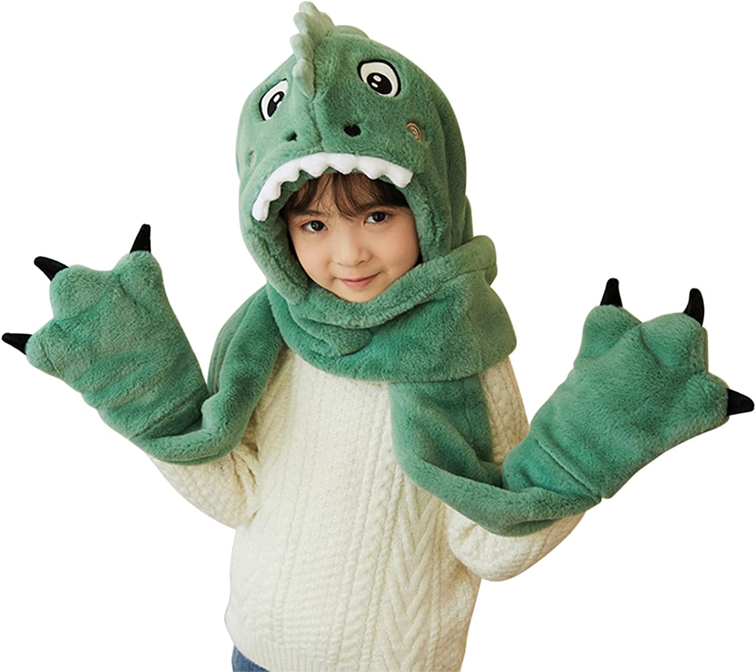 Plush Green Dinosaur Hat Scarf and Mittens Set