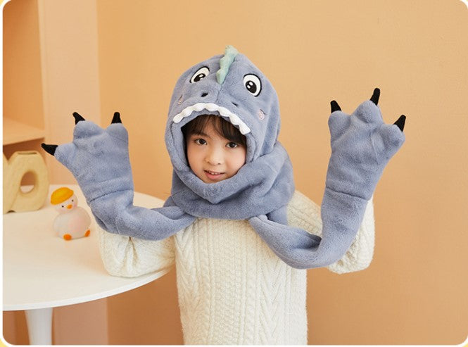 Plush Blue Dinosaur Hat Scarf and Mittens Set