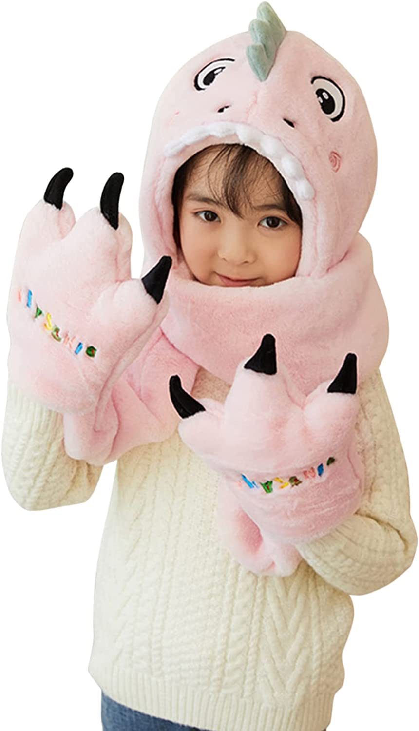 Plush Pink Dinosaur Hat Scarf and Mittens Set