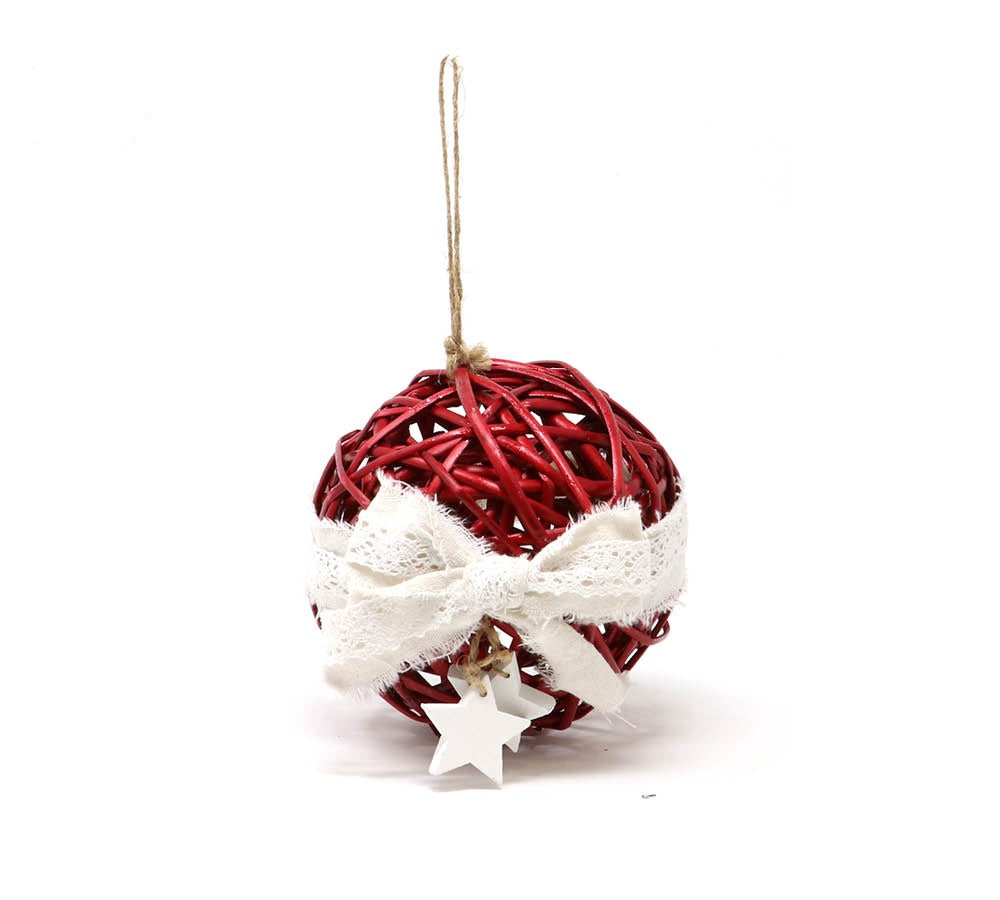 Red Bauble Wood Decorated 15 cms