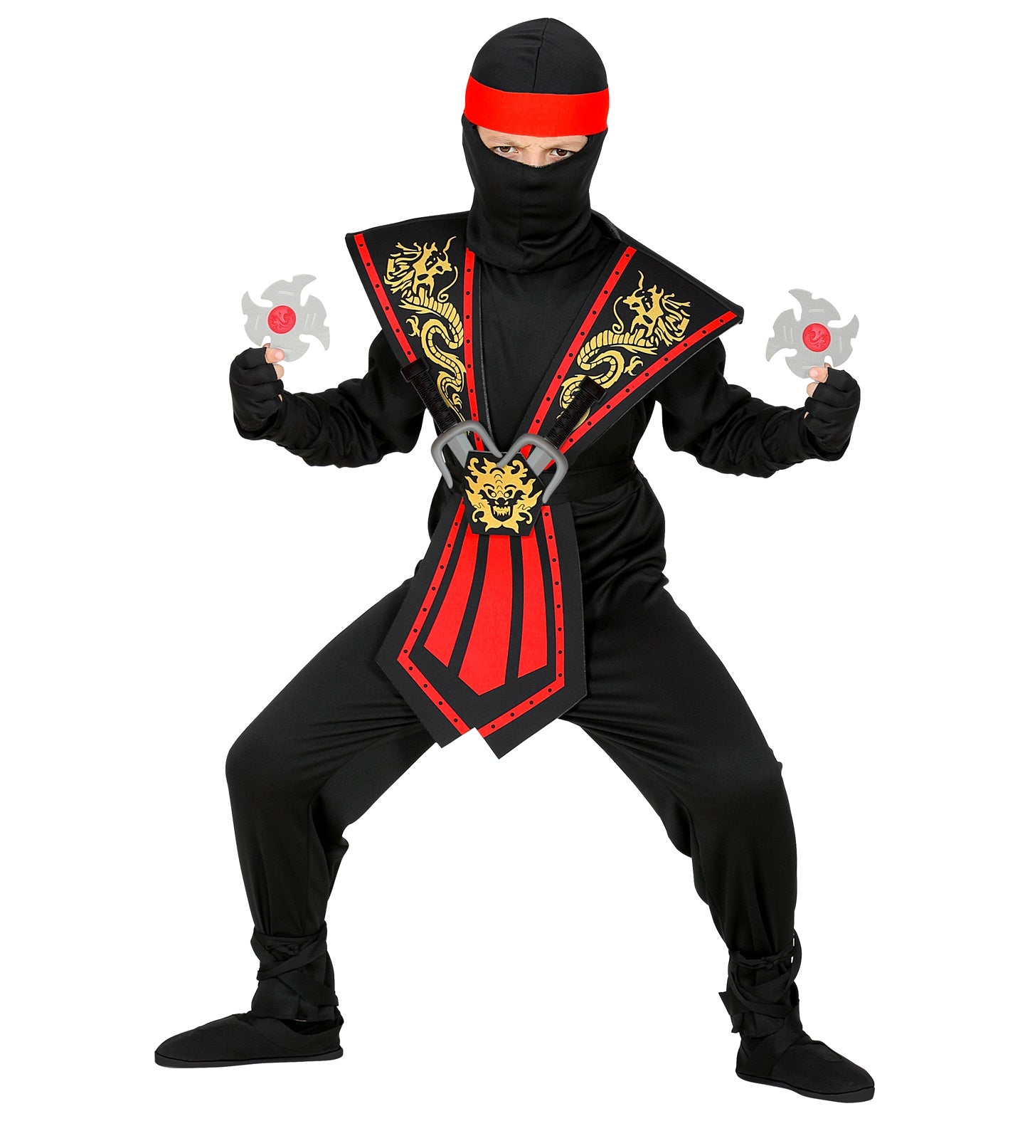 boy wearing a Children's Red Kombat Ninja Costume With Weapons
