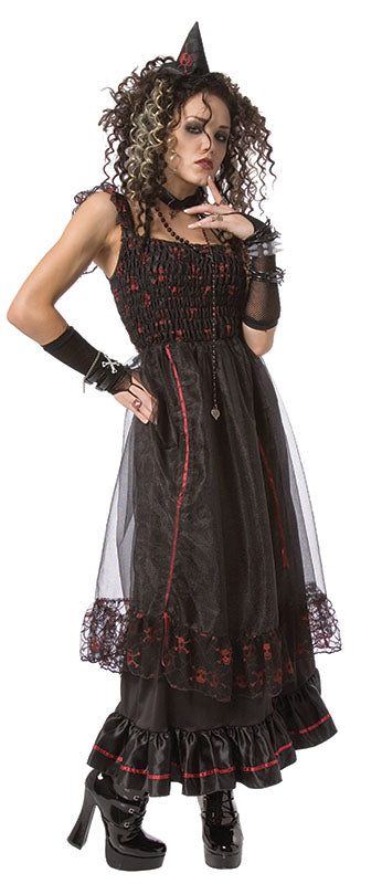 Woman wearing a Red Spider Witch Halloween Costume