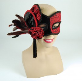 Red and Black Victorian Brocade Mask With Feathers and Tassel