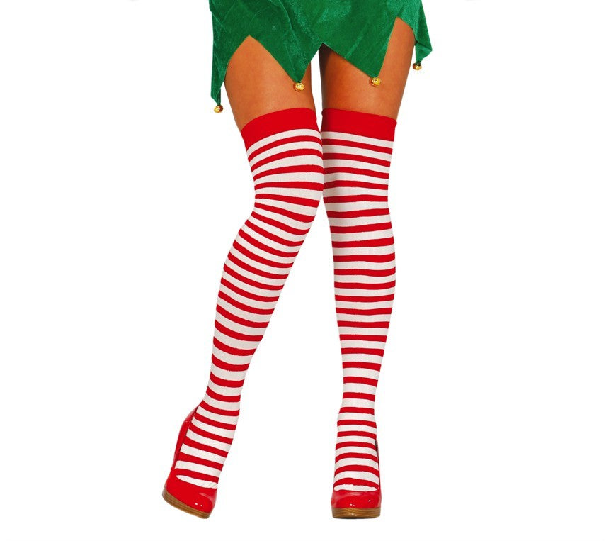 Red and White Striped Thigh High Stockings
