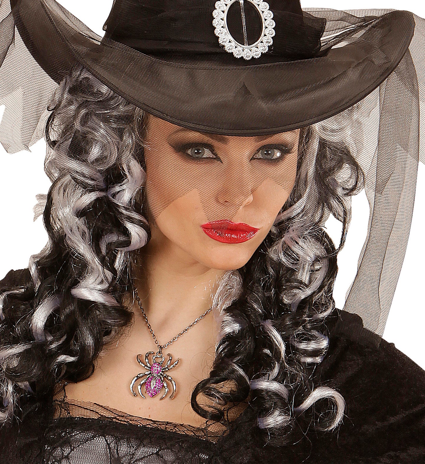 Gothic Silver Spider Necklace with Purple Back