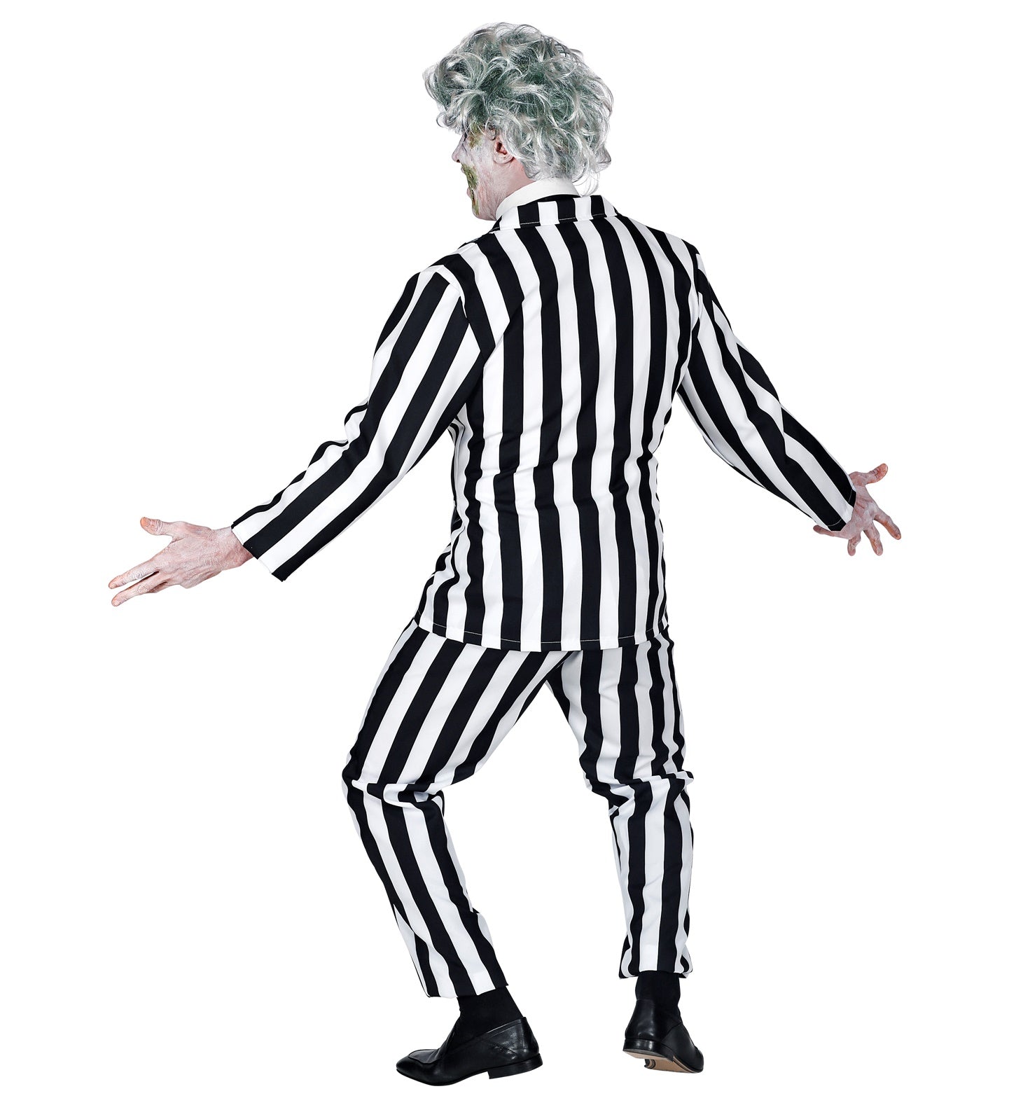 A man in a Beetlejuice costume with a striped suit and wild grey hair, pointing playfully at the camera.