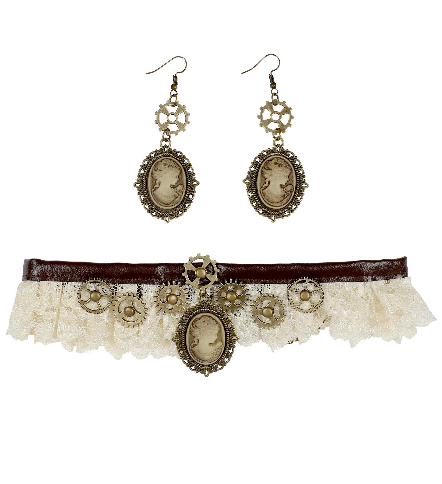 Steampunk Lace Choker and Cameo Earring Set