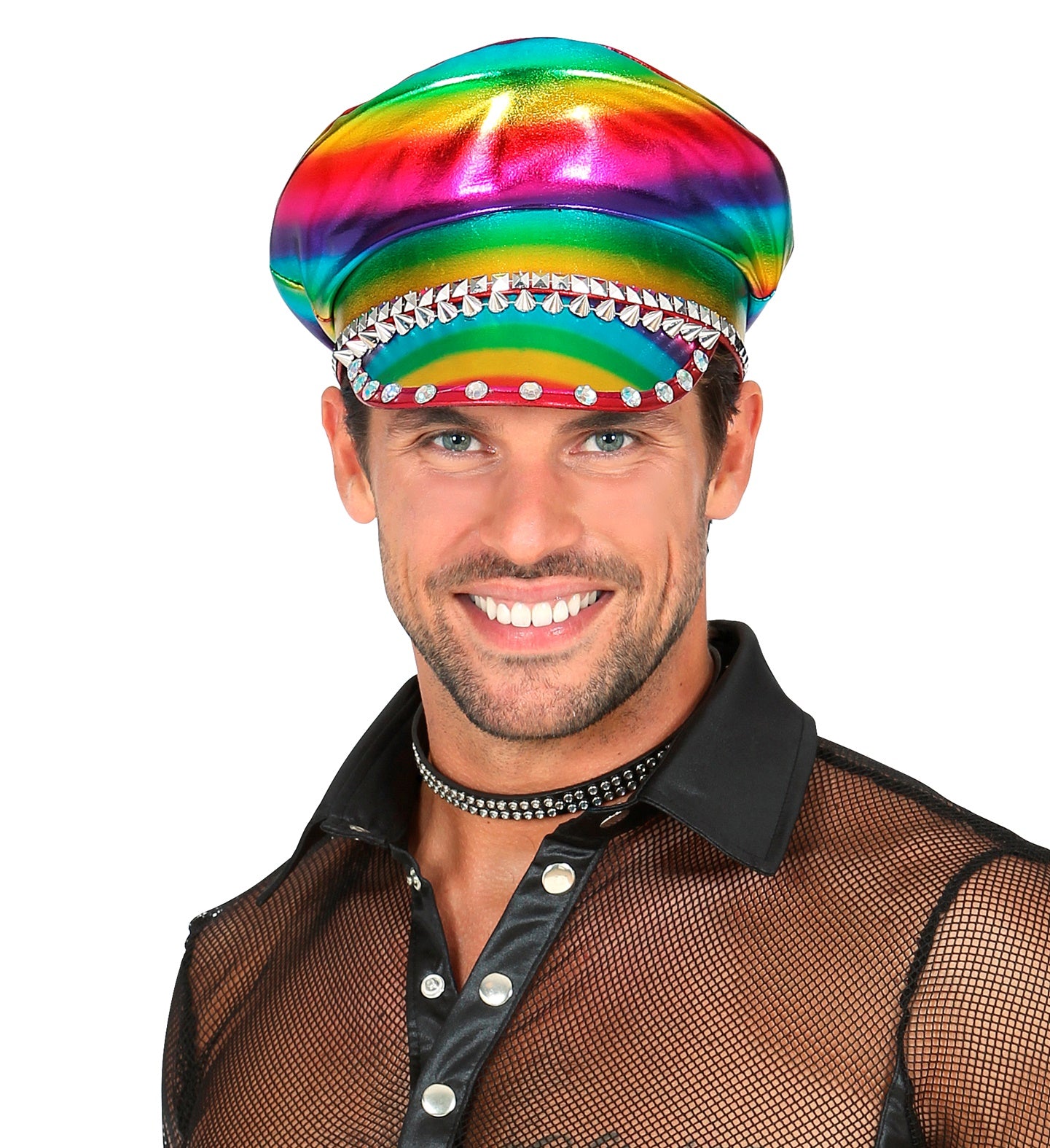 Studded Jewelled Rainbow Biker Hat for pride
