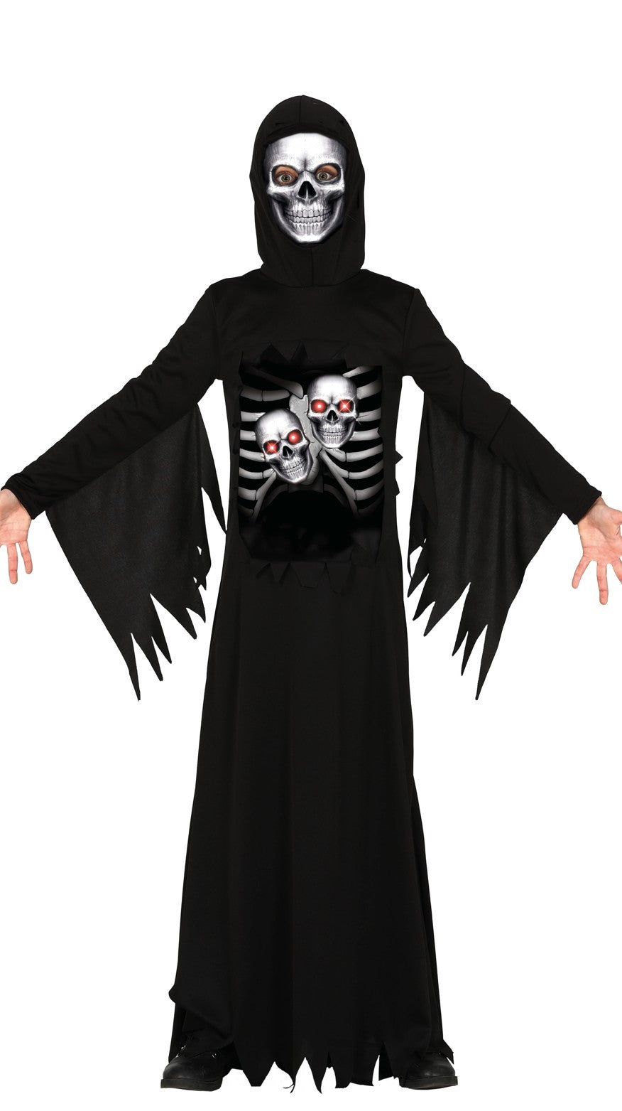 Child wearing a black costume with a hooded skull mask, resembling the Grim Reaper, complete with long, zigzag sleeves and ribcage print with skulls with glowing eyes.
