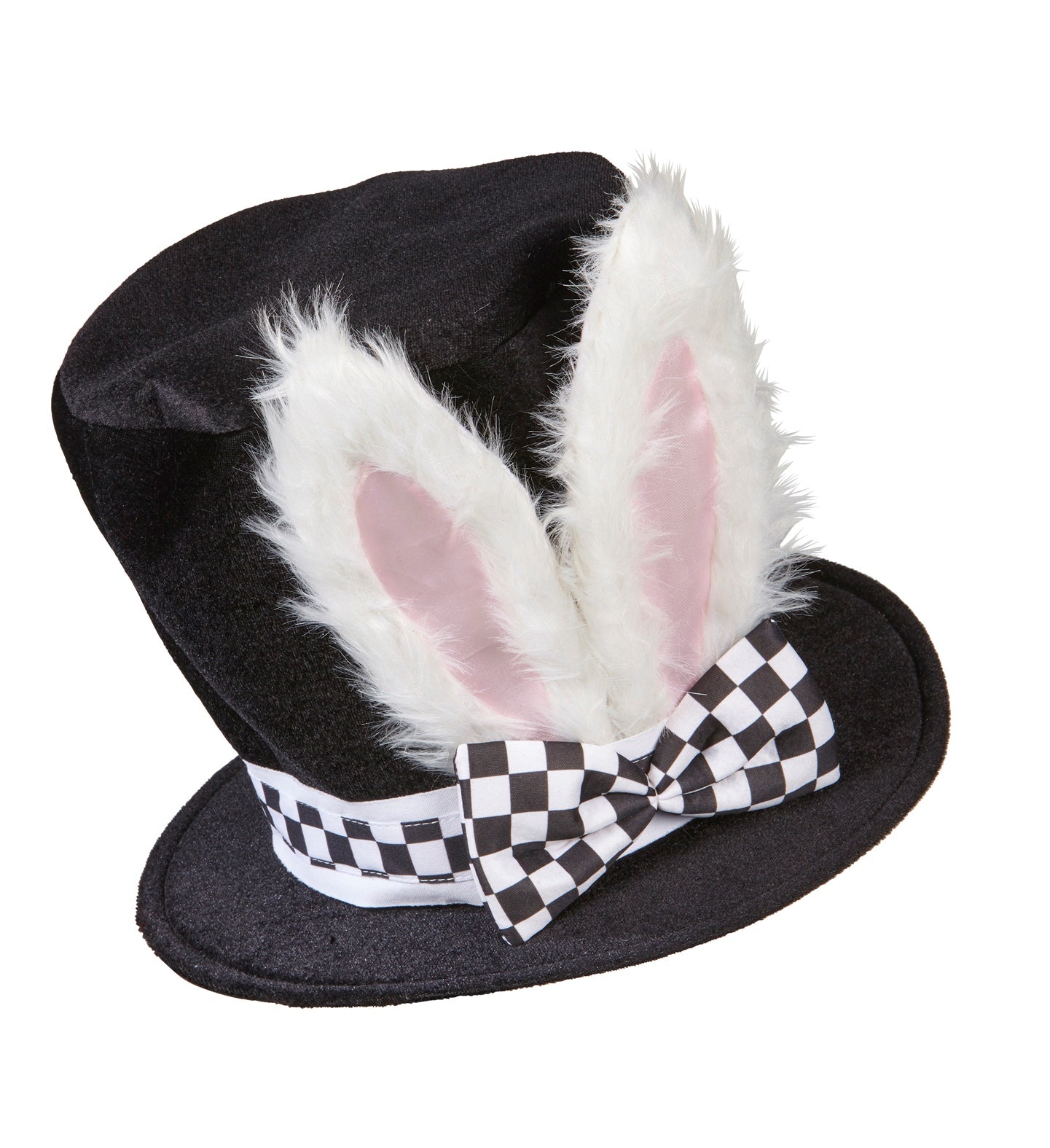 A black top hat with white bunny ears attached to a black and white checkered bow tie.