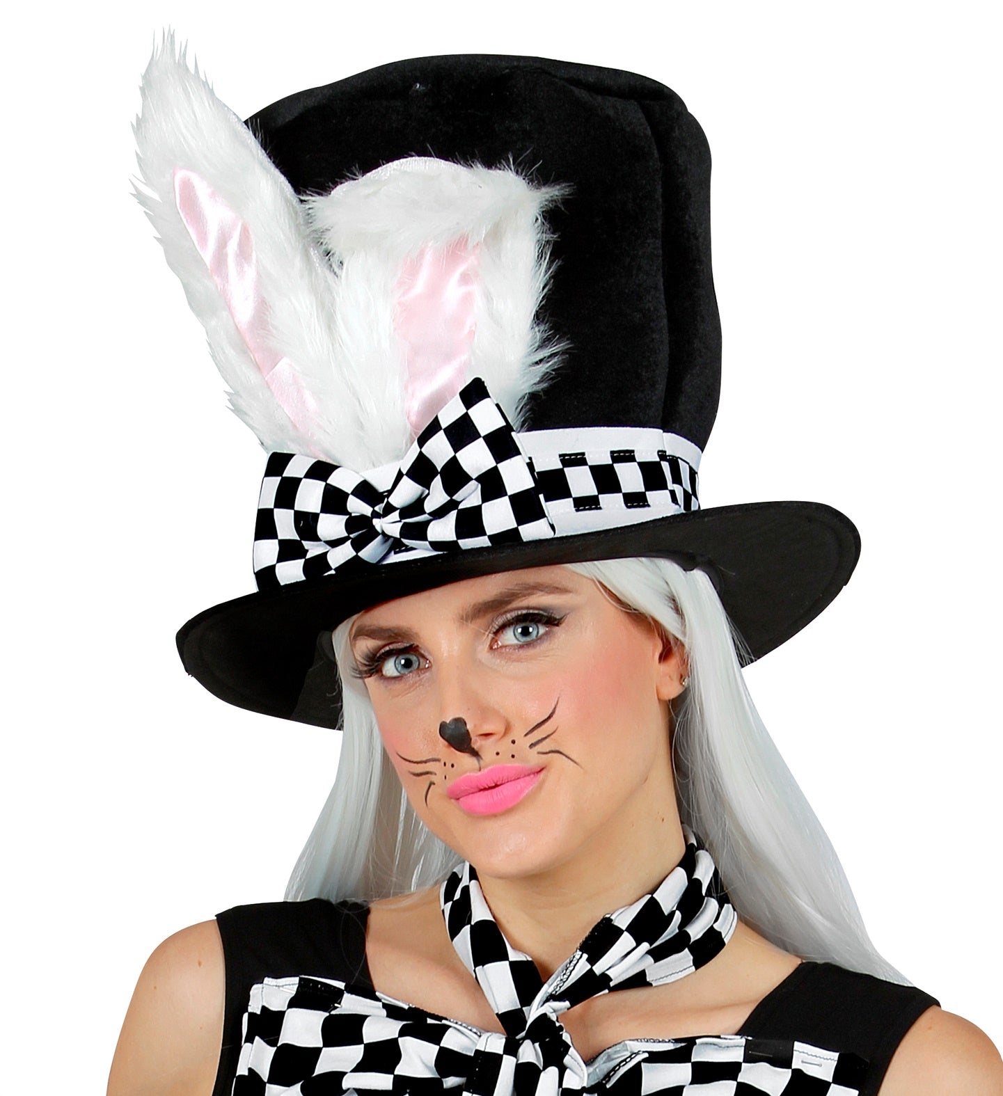 A model wearing a Top Hat With Bendable white rabbit Ears