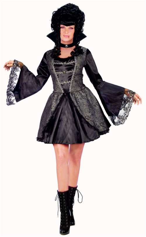 A woman wearing a Vampira Adult Halloween Vampire Costume