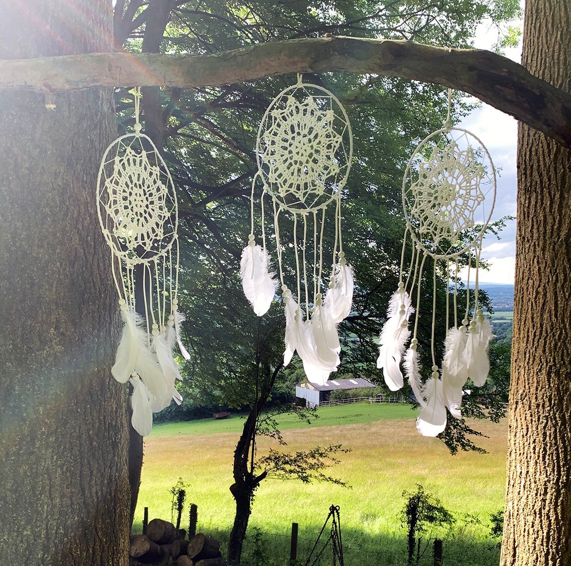 White Boho Dream Catchers with Feathers