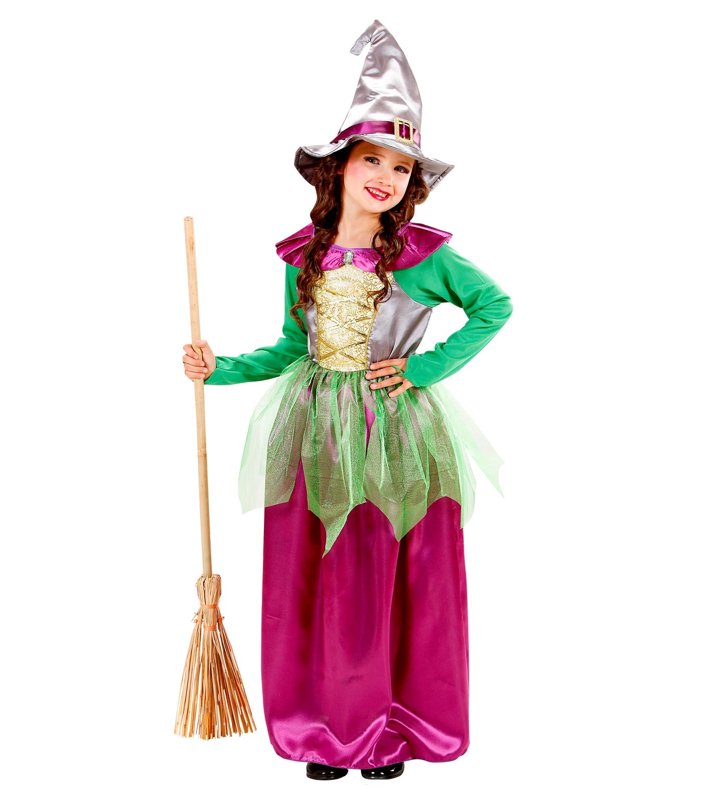 A girl wearing a Witch Costume Child Green and Purple