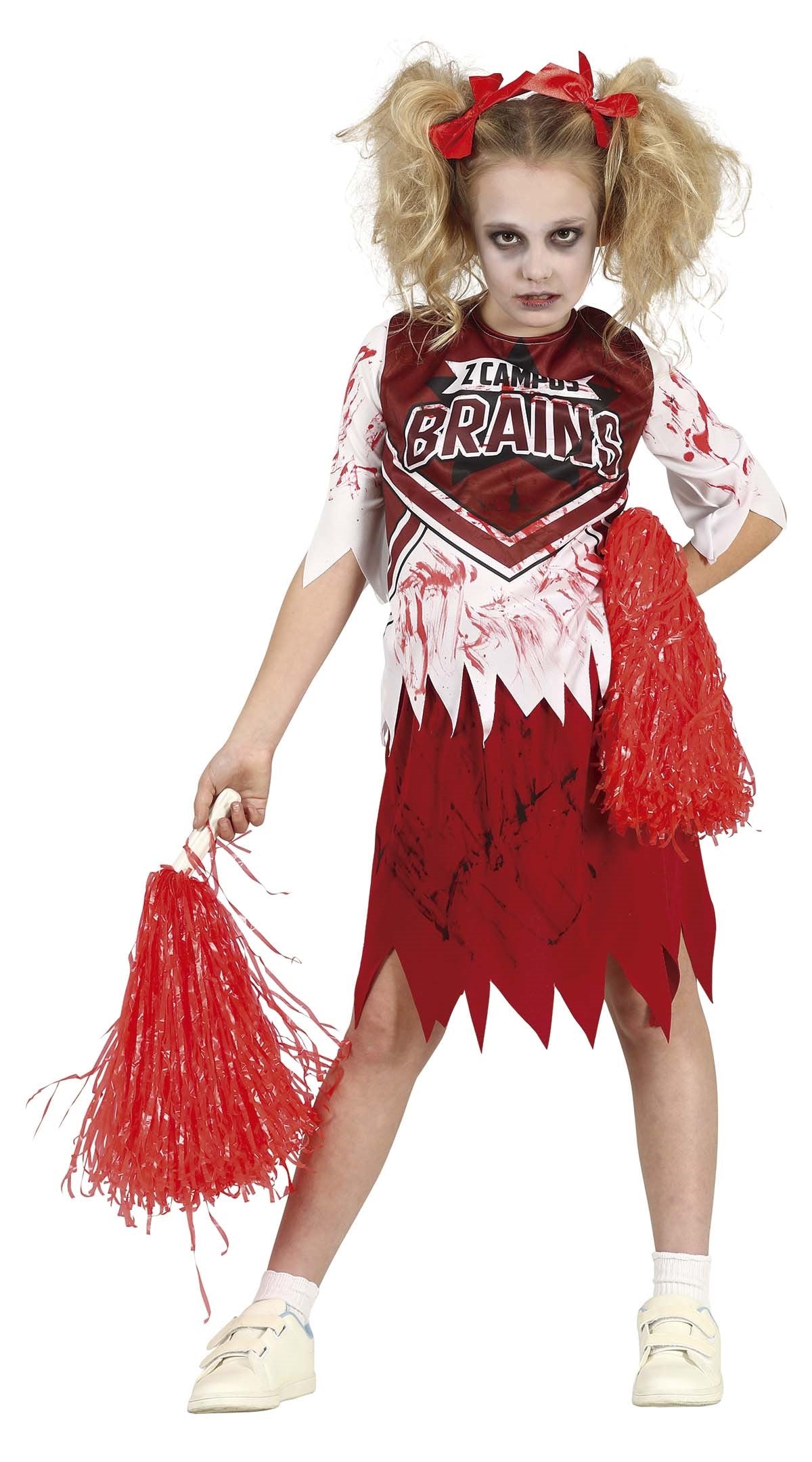 Cheerleader Zombie Bambina, Sanguinoso Costume Cheerleader Halloween, Vestito Zombie Bambina Con Pom Poms Fascia Da Capelli Calzini Cicatrici Tatuaggio Sangue Falso, Cheer-leader Zom-bie Per Party - Foto 4