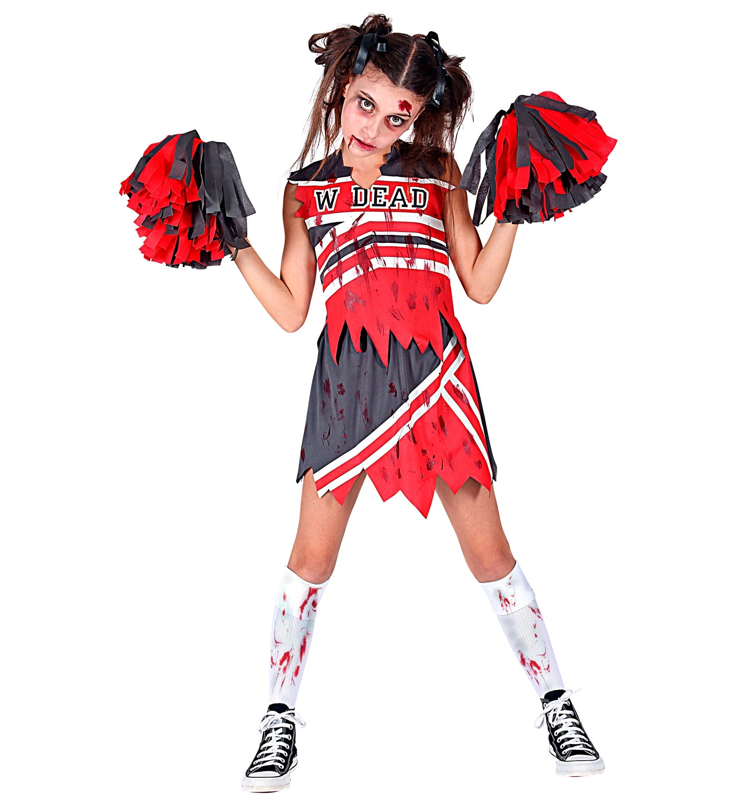 A girl in a zombie cheerleader costume with a red and white dress and black and red pom poms.