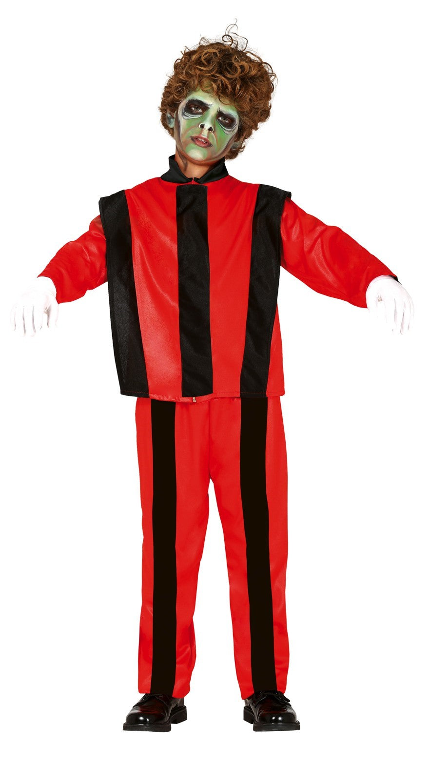 A boy dressed in a red and black zombie singer Michael Jackson from Thriller costume with striped detailing, including a jacket and trousers, with makeup applied to resemble a zombie.