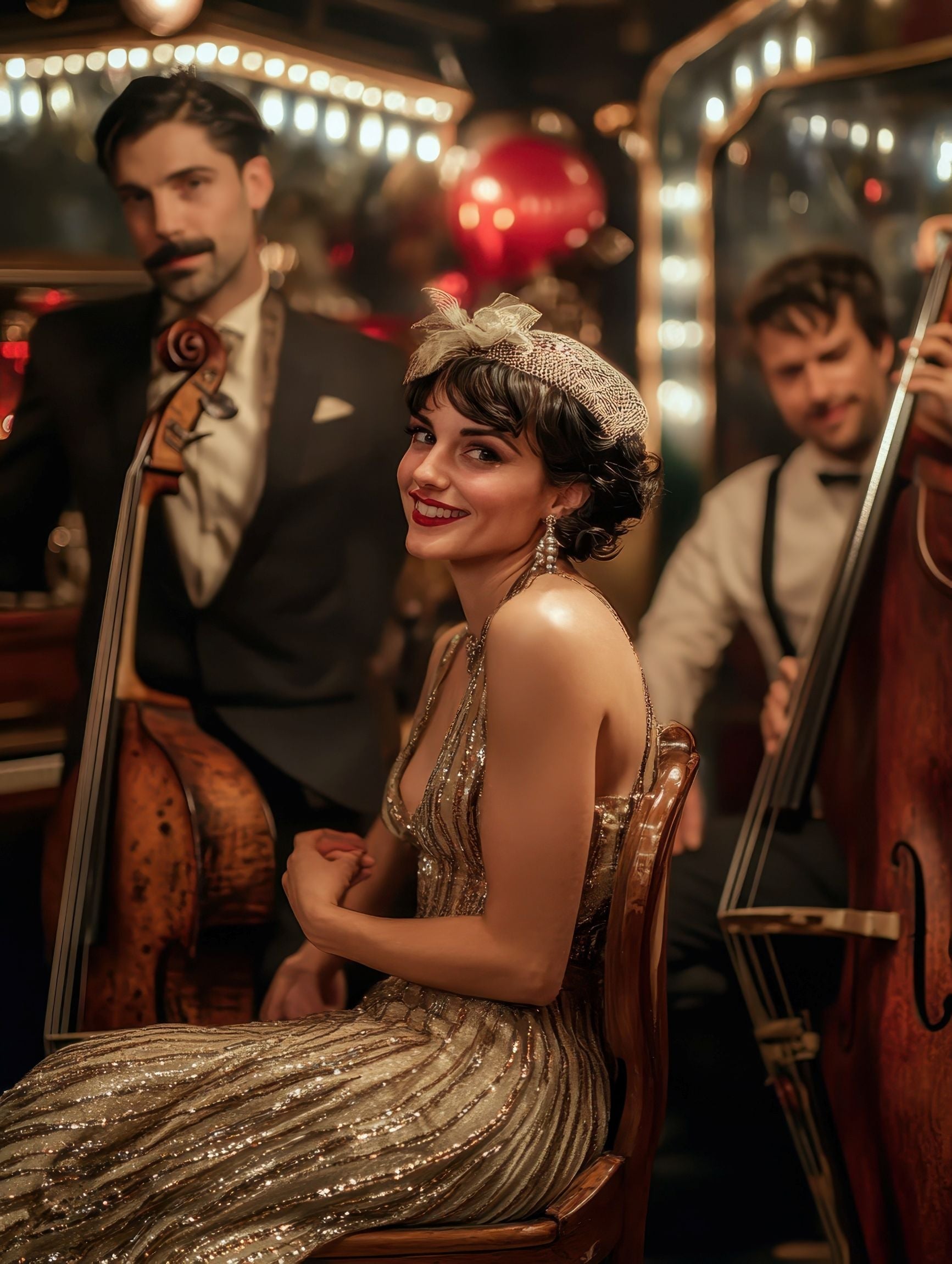 Woman dress in 1920s Flapper Dresses and musicians in Gangster Suits