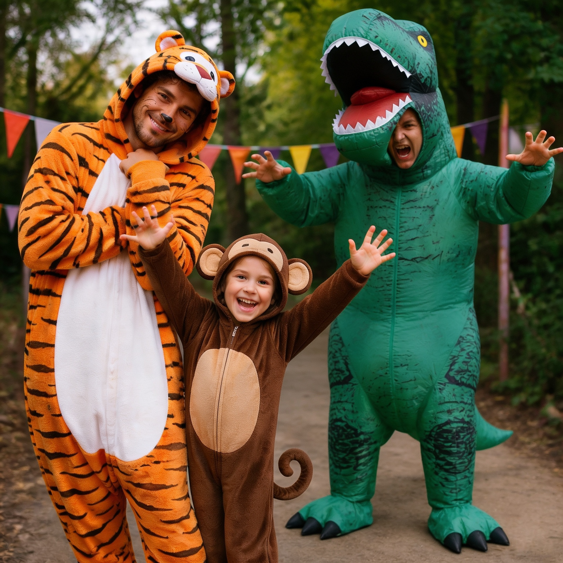 people wearing different animal fancy dress costumes, featuring an adult in a cozy tiger onesie, a child in a cute monkey outfit, and a person stomping in a giant inflatable dinosaur costume.