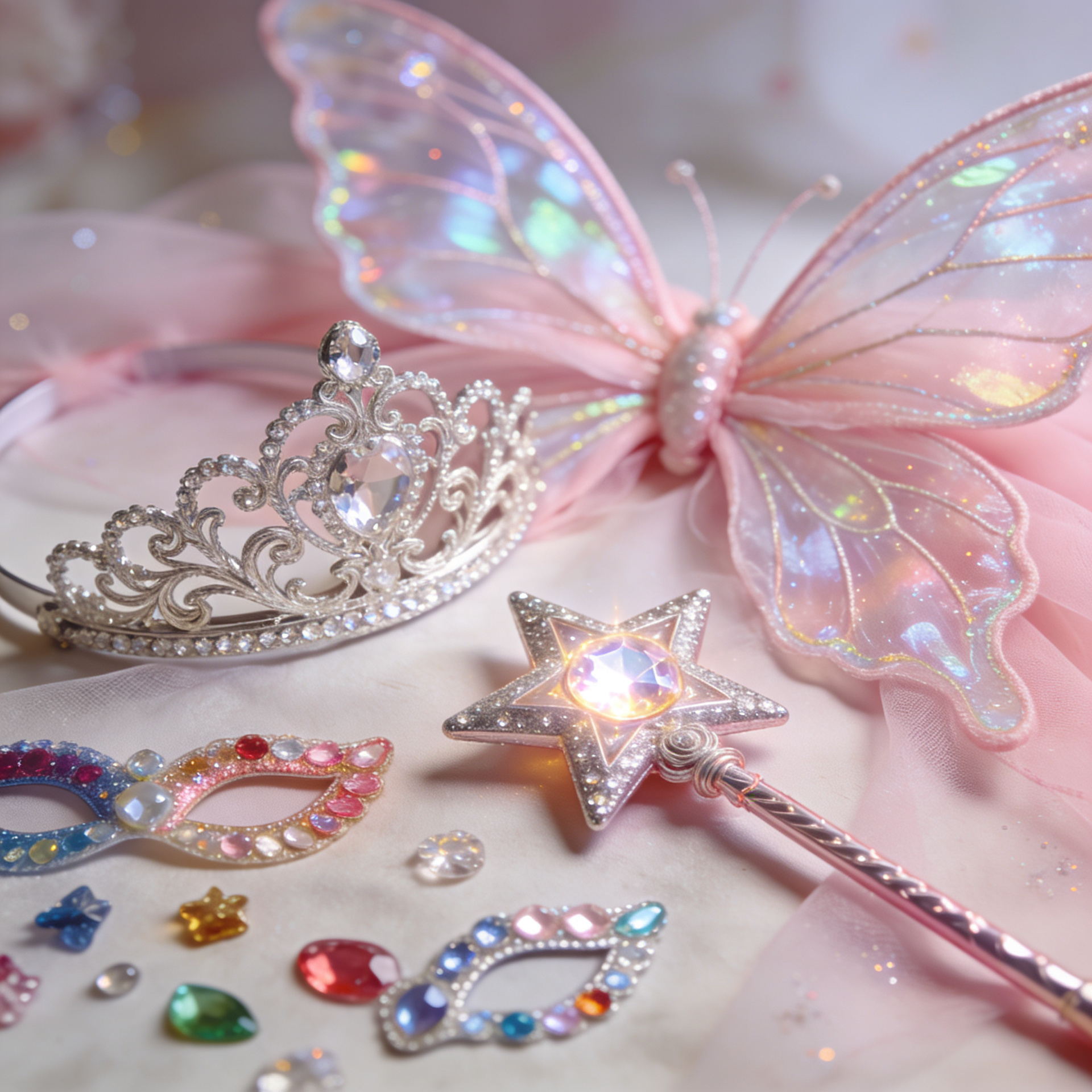 A sparkling collection of fairytale fancy dress accessories laid out together, featuring delicate pink fairy wings, a silver rhinestone tiara, a star-shaped magic wand, and colorful festival face jewels.