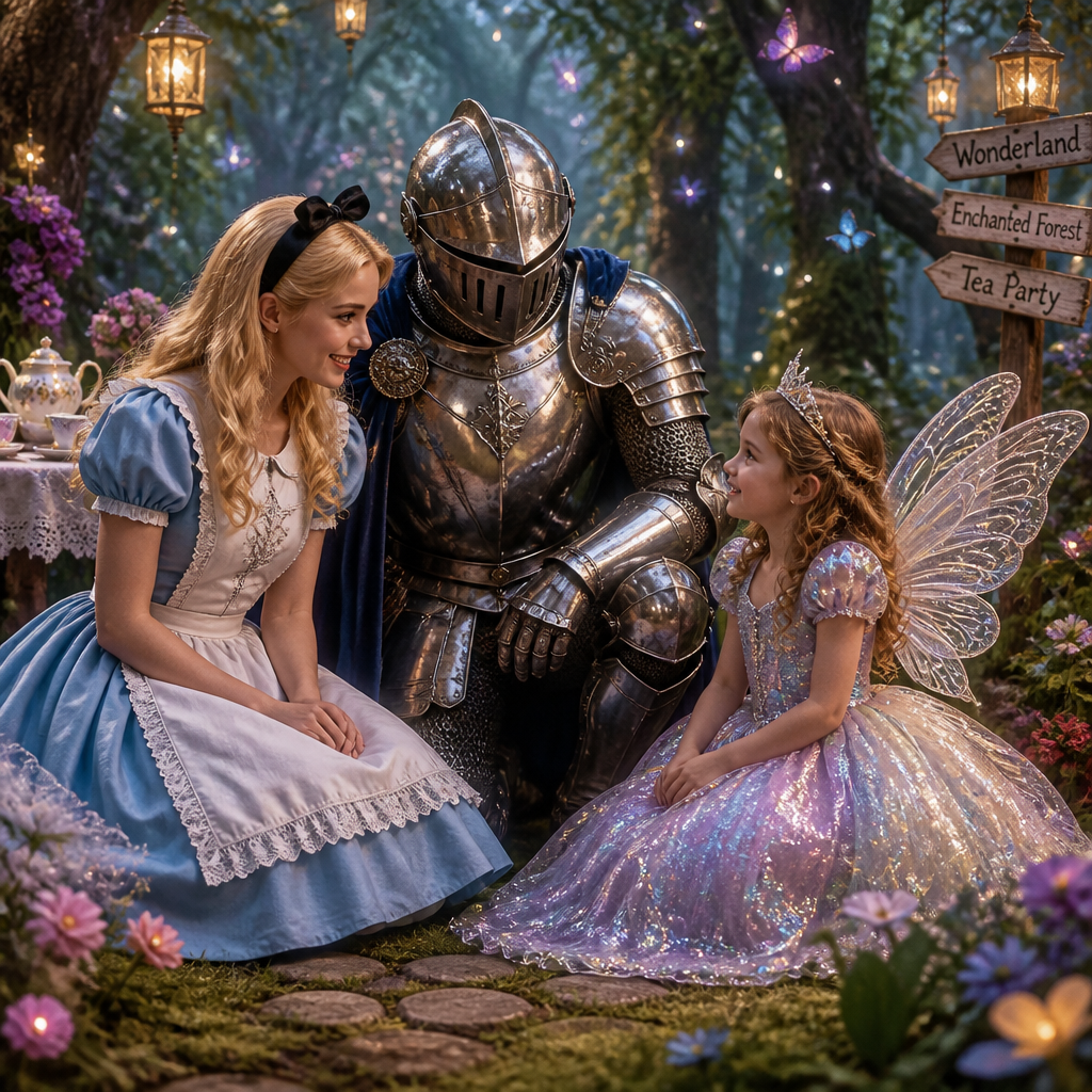People wearing fairytale fancy dress costumes, featuring a woman dressed as Alice in Wonderland, a man in shining medieval knight armor, and a young girl in a sparkling fairy princess dress with wings, in an enchanted forest.