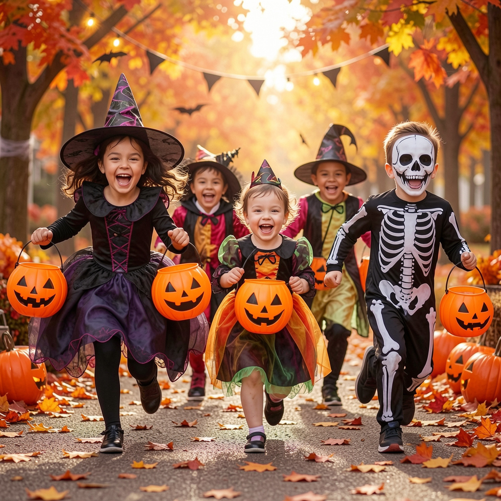 Group of kids in various Halloween fancy dress costumes running excitedly with pumpkin trick-or-treat buckets, featuring a girl in a wicked witch dress, a toddler as a cute round pumpkin, and a boy in a classic skeleton suit.