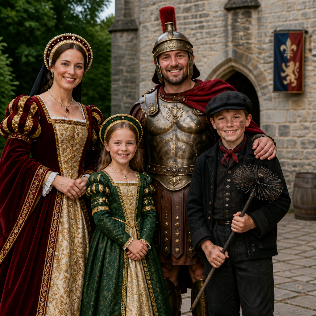 A fun, energetic group of adults and children posing together in historical fancy dress costumes, featuring a woman in a royal Tudor gown, a man in ancient Roman gladiator armor, and a child dressed as a Victorian chimney sweep.