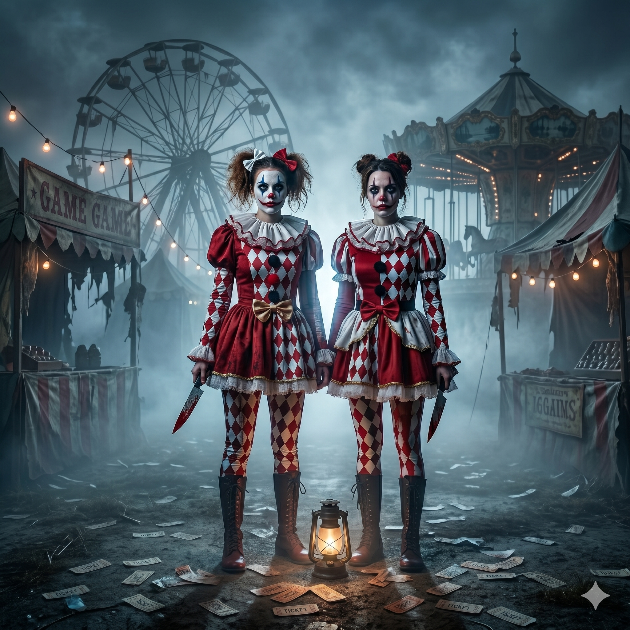 Two female models wearing a sinister black and red harlequin killer clown costume with a creepy ruffled collar and dark makeup, posing with a bloody prop knife in a foggy, haunted carnival setting.