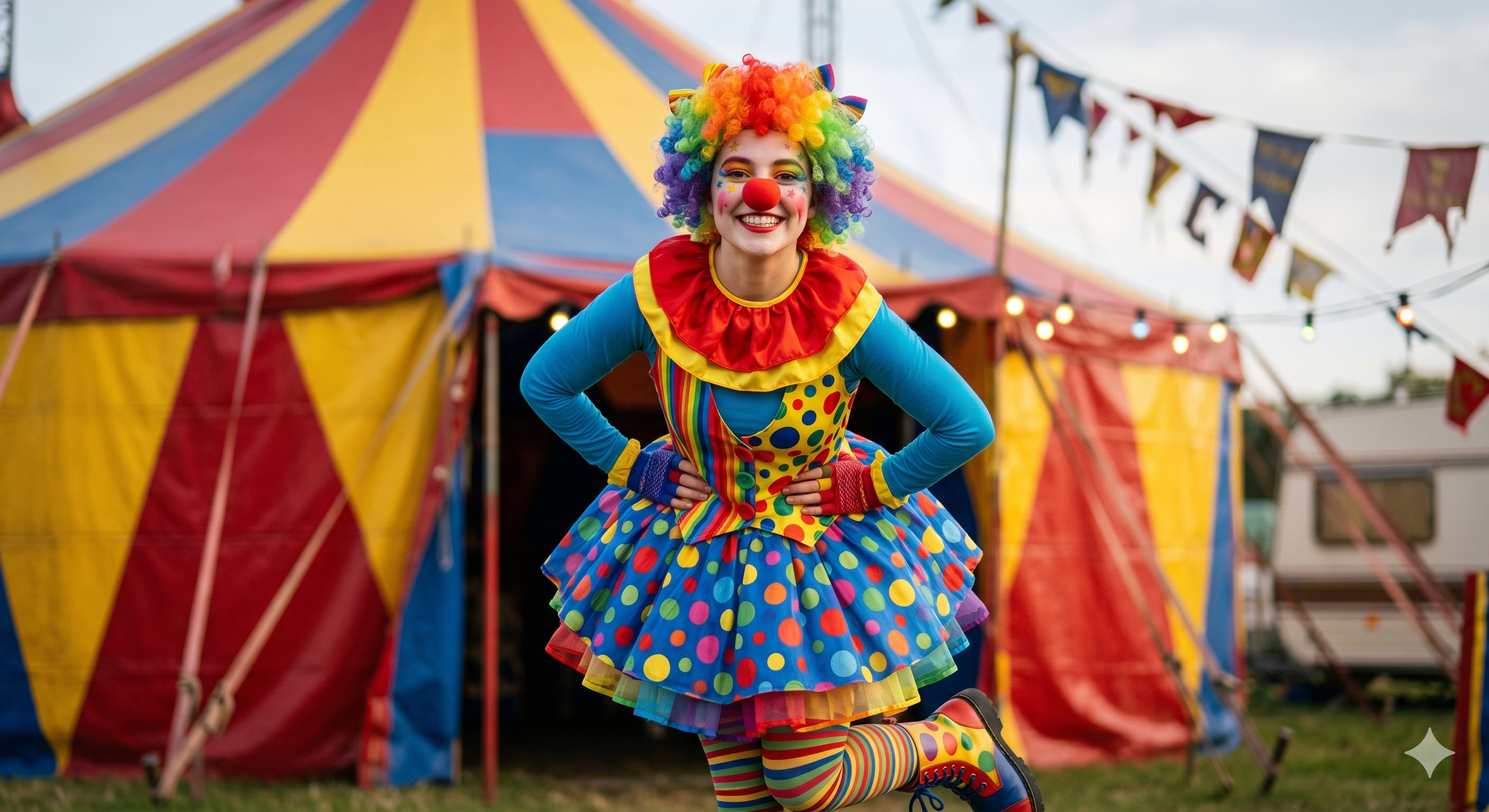 A smiling female model wearing a vibrant, friendly clown fancy dress costume featuring a colorful polka-dot tutu, a rainbow wig, and a bright red nose, posing in front of a circus tent background.