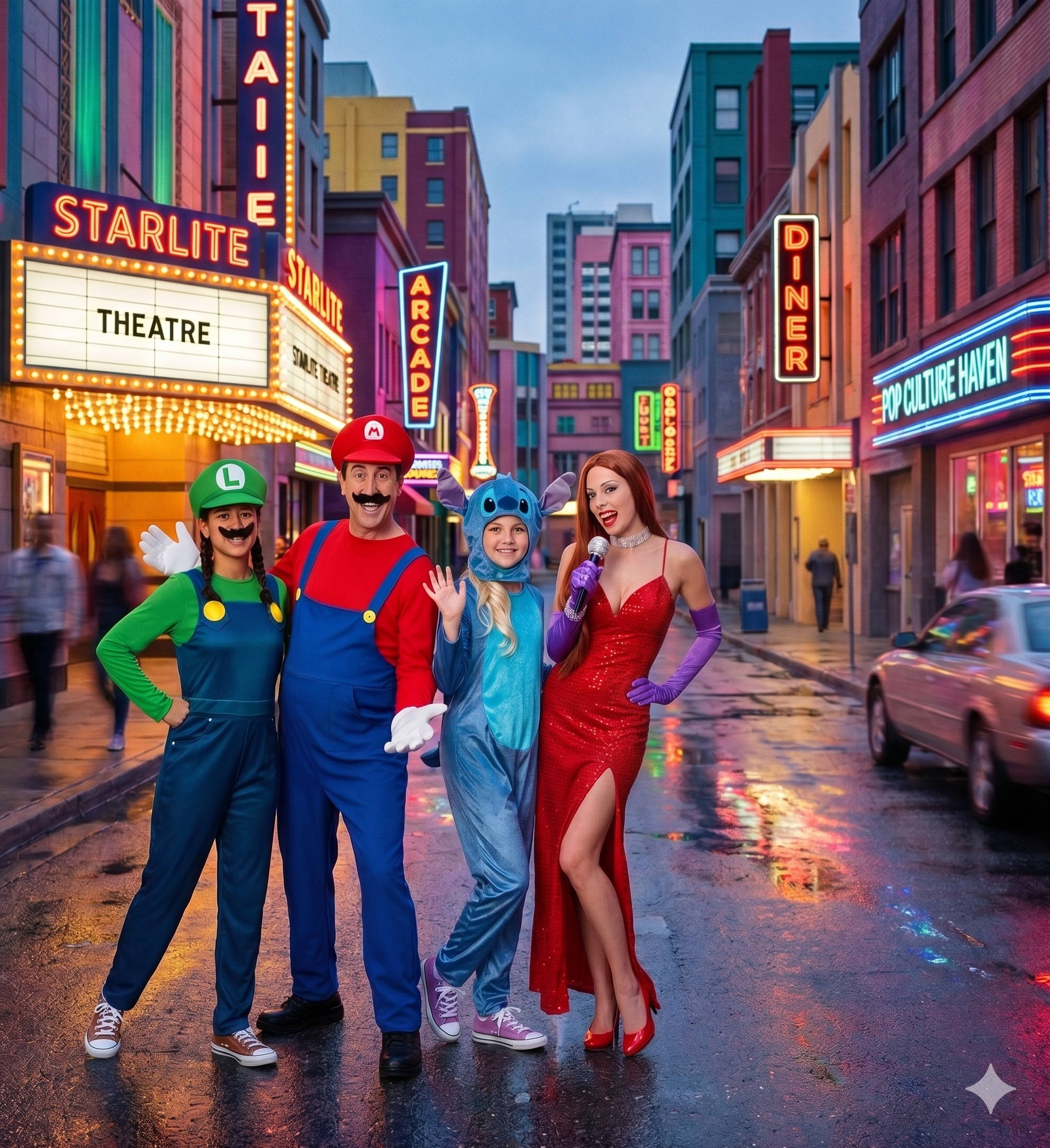 People dressed in Mario, Luigi, Stitch and Jessica Rabbit costumes posing playfully against a vibrant, cinematic background.