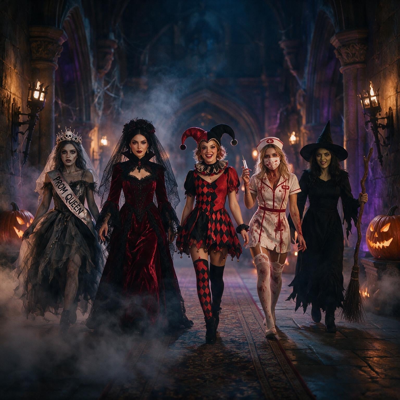 group of five women in high-quality, theatrical Halloween costumes walking confidently together down a grand, dimly lit gothic castle corridor at dusk. 