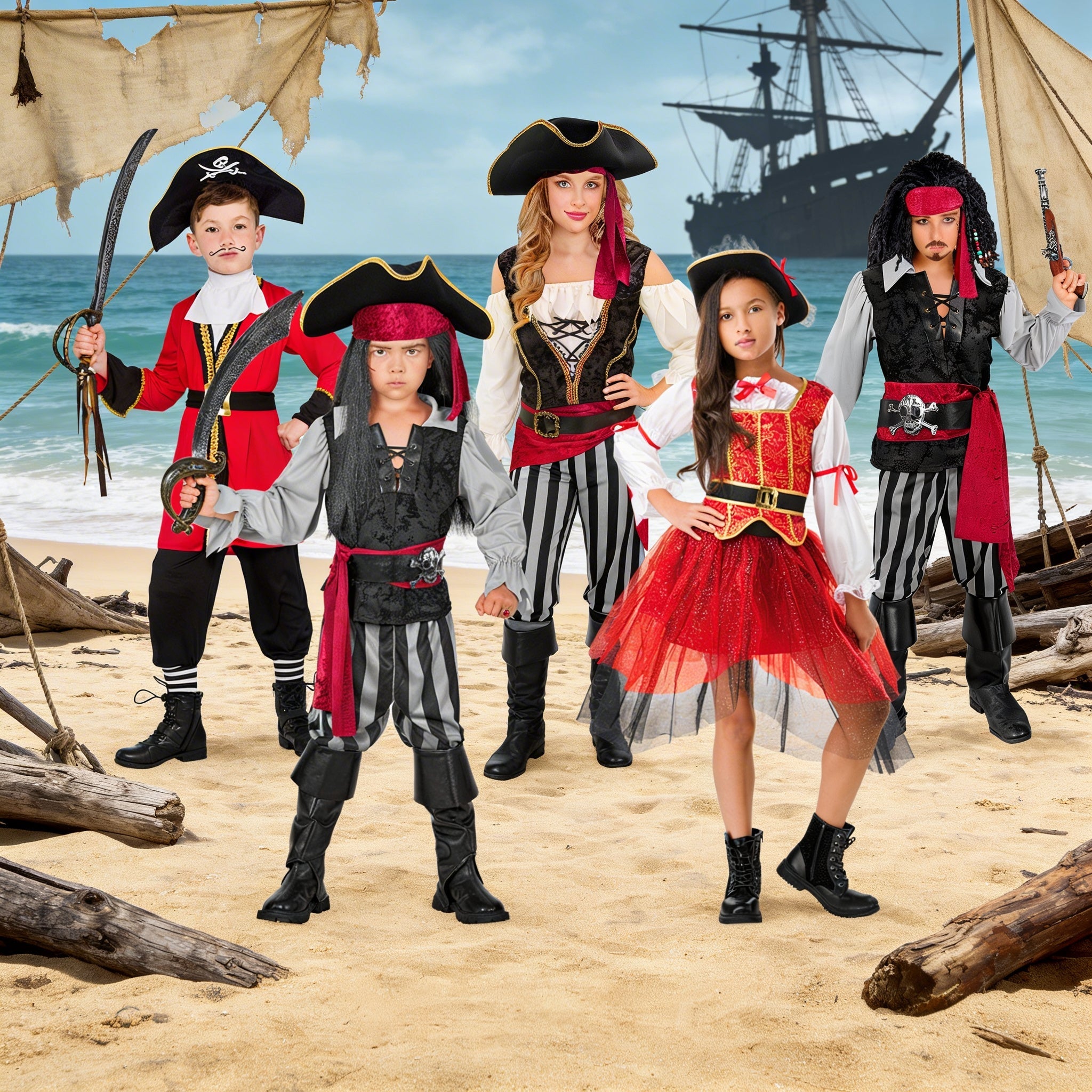 Children wearing pirate costumes against a pirate themed backdrop