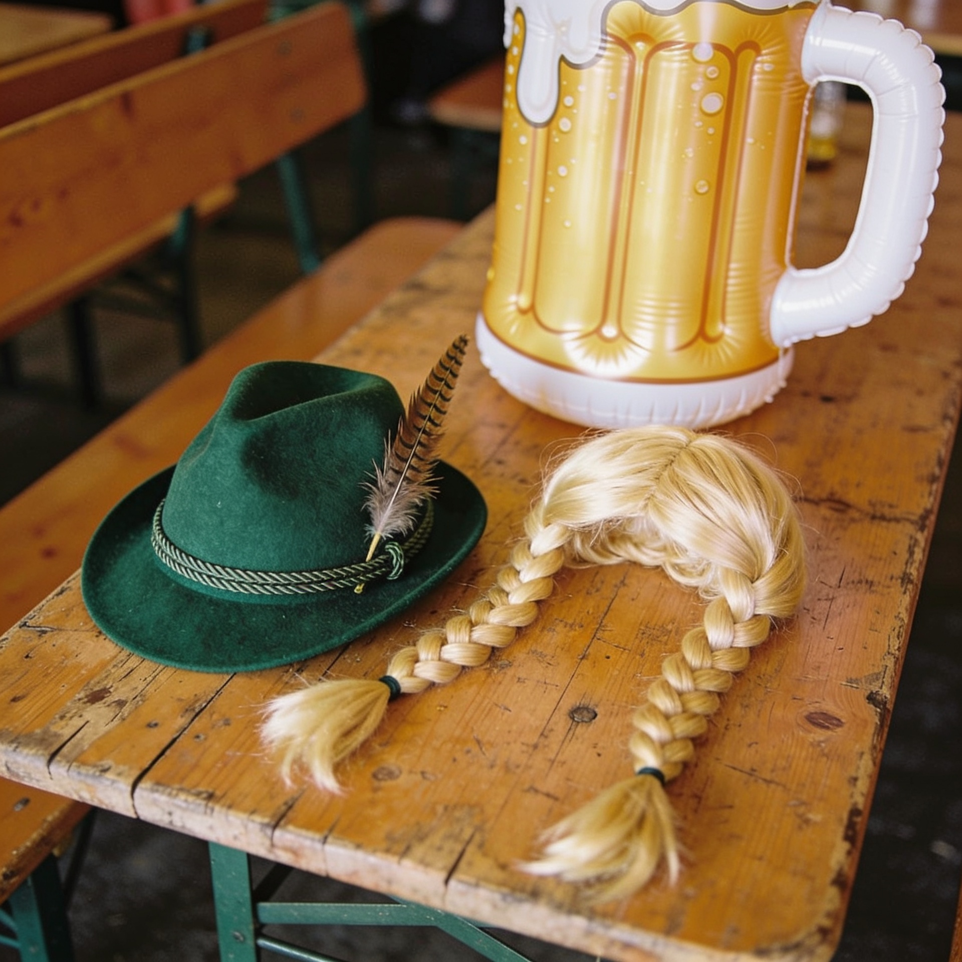 A fun, festive flat lay of Oktoberfest fancy dress accessories scattered on a rustic wooden tavern table, featuring a green Alpine felt hat with a feather, a blonde braided pigtail wig, and a large inflatable beer stein prop.