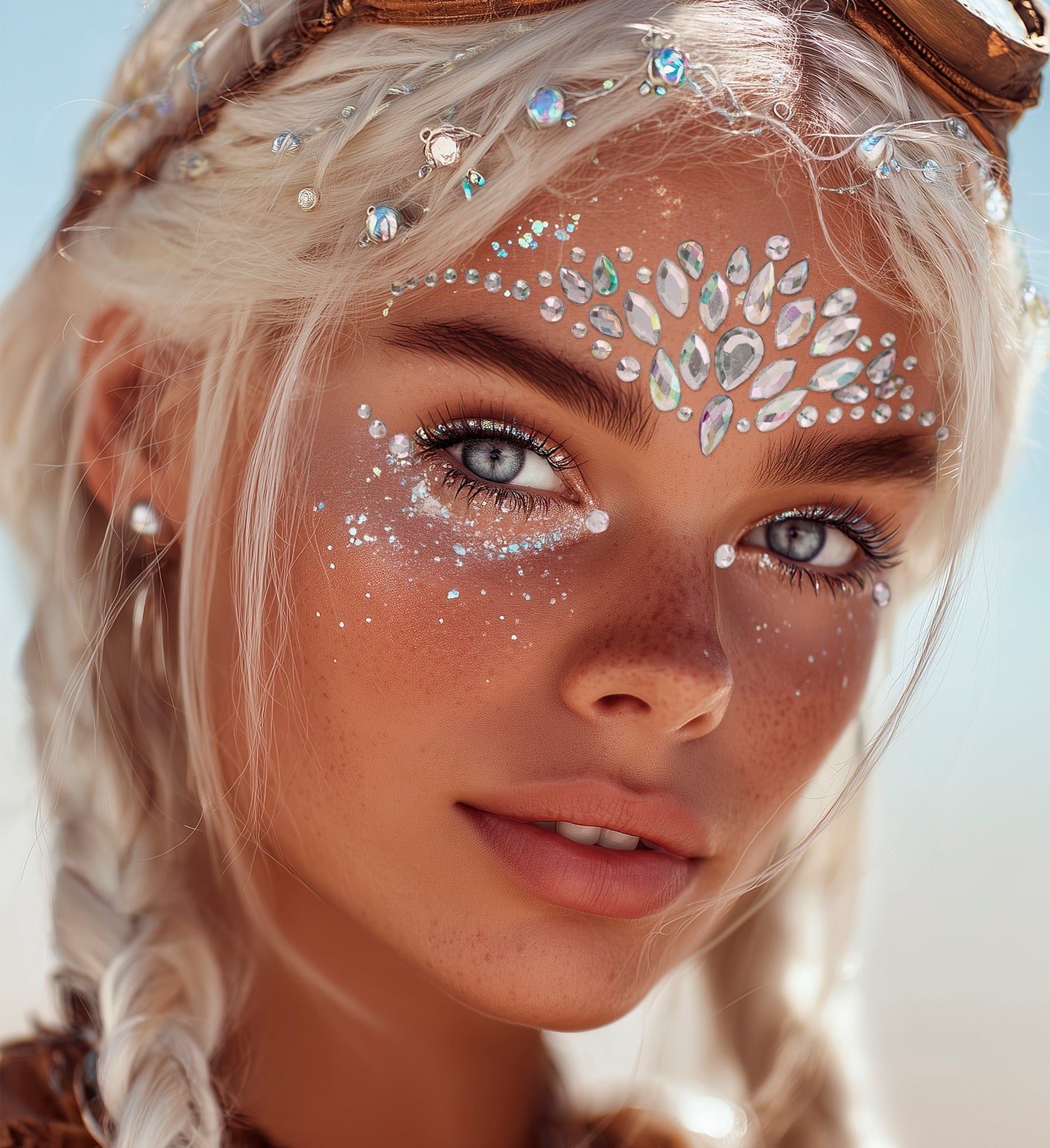 A woman wearing Face Jewels & Festival Body Gems from My Fancy Dress Ireland