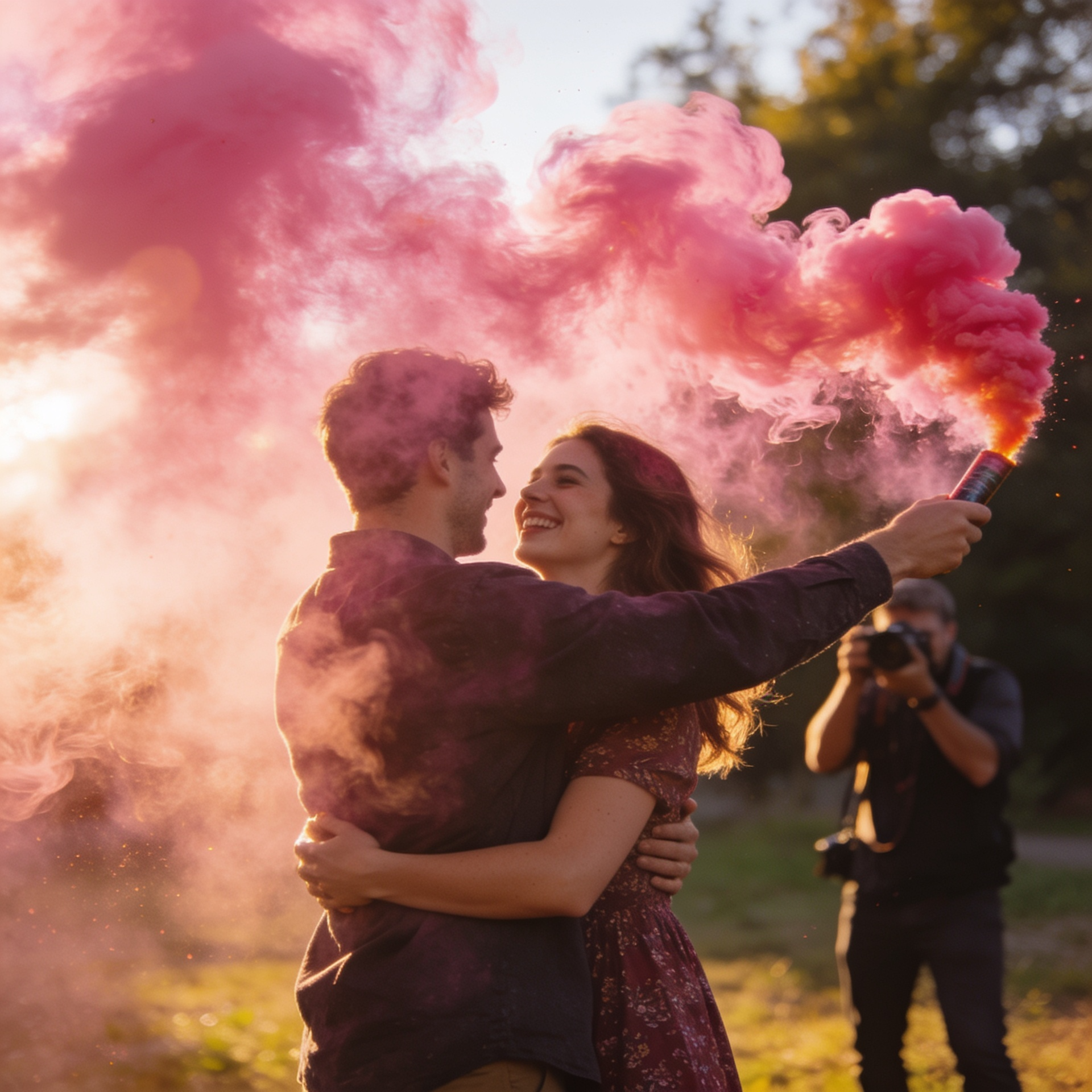 A joyful couple celebrating outdoors, surrounded by a massive, vibrant cloud of bright pink smoke from a handheld smoke bomb, with a photographer capturing the moment in the background.