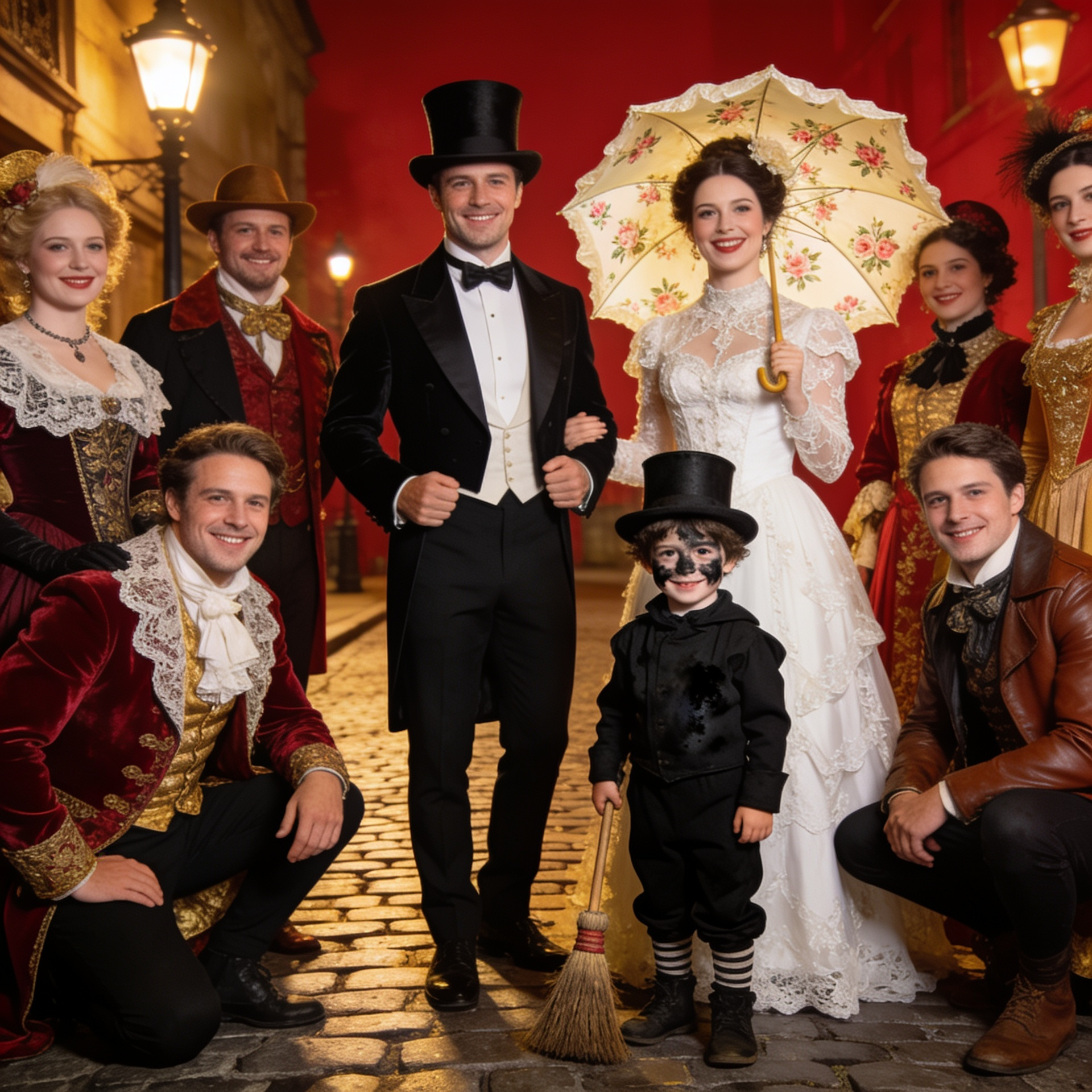 Group of adults and children posing together in historical Victorian fancy dress costumes, featuring a man in a sharp tailcoat and top hat, a woman in an elegant lace gown holding a parasol, and a child dressed as a classic Dickensian chimney sweep.